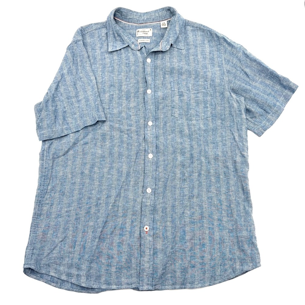 Weatherproof Vintage Shirt Men's L Blue Washable Linen Button Down Short Sleeve